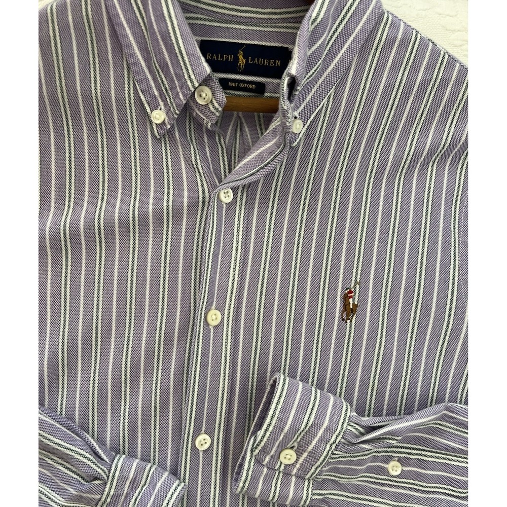 Ralph Lauren Knit Oxford Shirt Mens M Purple Stripe Button Down Cotton Pony